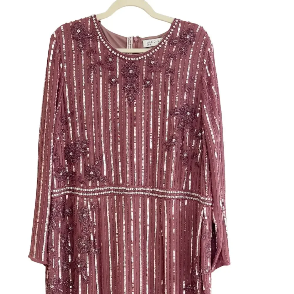 Mac Duggal Long Sleeve Embellished Tea Length Dress 20 Pink NWT Style 93627